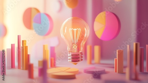 A glowing light bulb surrounded by vibrant 3D charts symbolizes innovation, creativity, and new ideas in a modern workspace.