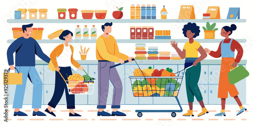 Men and women with baskets and grocery carts select and buy groceries at the grocery store. People buy food at the supermarket
