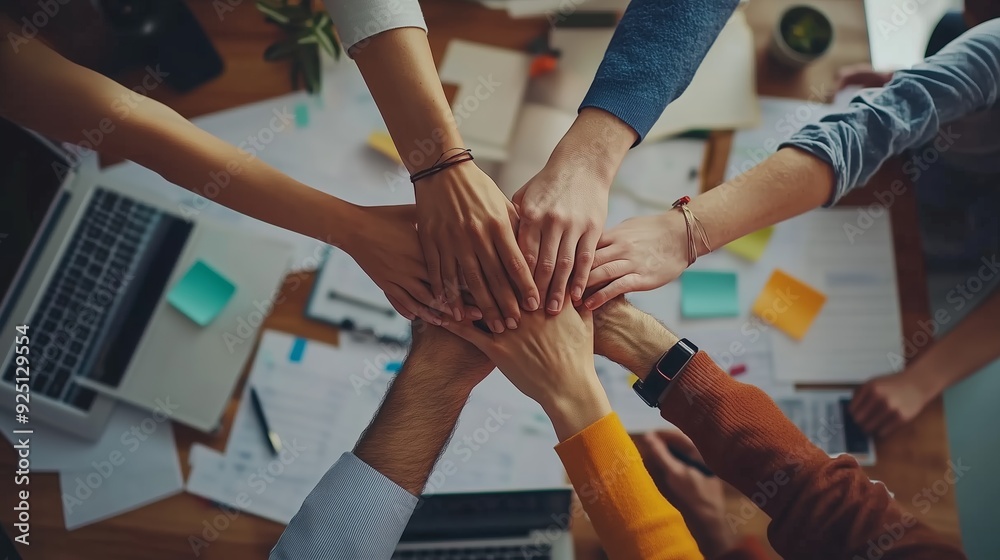 Team collaboration in a workspace with hands joined together on a wooden table Team collaboration in a workspace with hands joined together on a wooden table