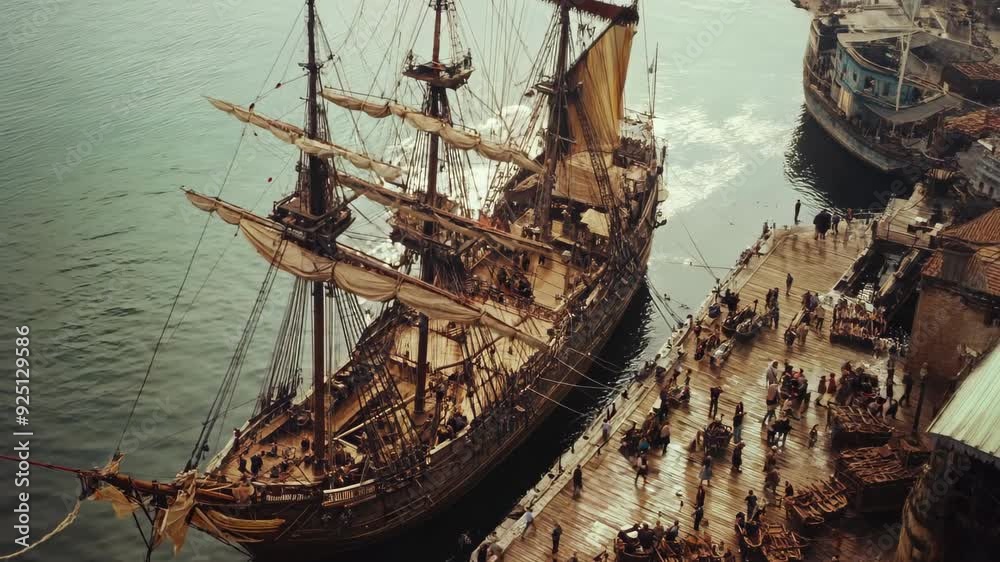 Historical Wooden Sailing Ship Docked at a Bustling Harbor