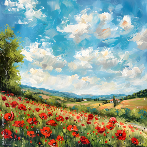 Tranquil countryside scene brought to life with an oil painting of blooming poppy fields in spring