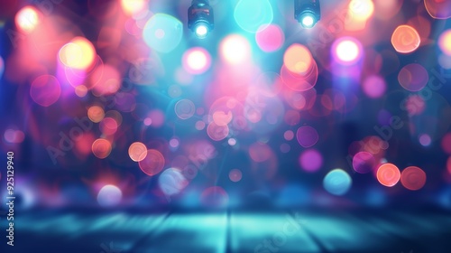 A blurred, glowing background of a concert venue with colorful stage lights, capturing the atmosphere of live music. Blurry, vibrant party light with bokeh blur effect at a festival or music event. 