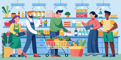 Men and women with baskets and grocery carts select and buy groceries at the grocery store. People buy food at the supermarket
