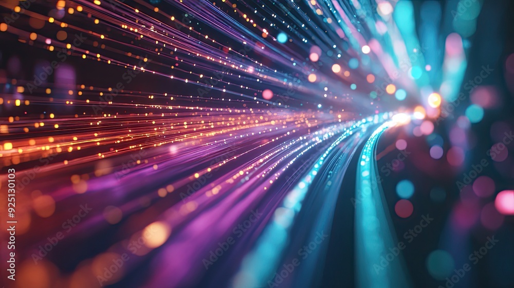 High-speed data transmission through a fiber optic cable, with colorful light beams. High-speed data transmission through a fiber optic cable, with colorful light beams.