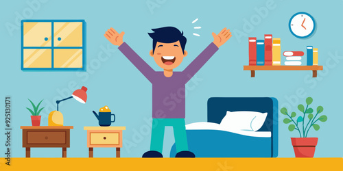 Happy man woke up and stretches in bed. Good morning. Awakening. Wake up. Vector illustration
