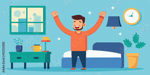 Happy man woke up and stretches in bed. Good morning. Awakening. Wake up. Vector illustration
