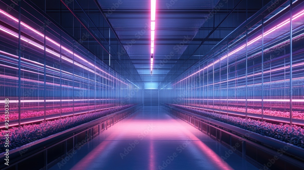High-tech greenhouse with automated climate control and LED lighting. High-tech greenhouse with automated climate control and LED lighting.