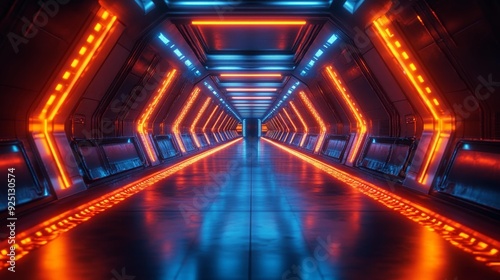 Futuristic neon corridor with blue and orange lights - generative ai