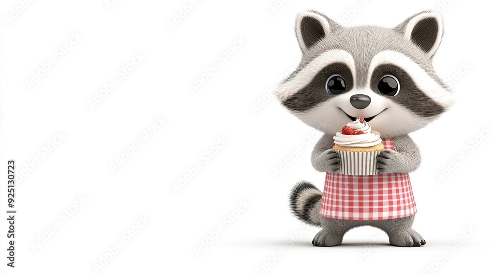 Fototapeta premium Happy raccoon enjoying a cupcake in a colorful apron against a bright background