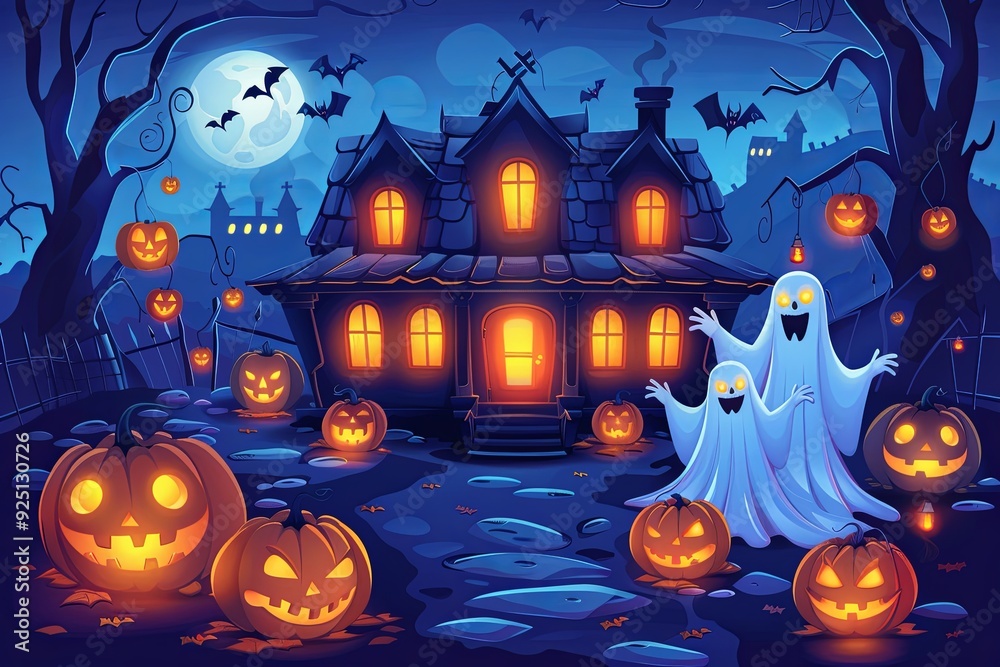 Cute cartoon haunted house with smiling ghosts and glowing pumpkins Cute cartoon haunted house with smiling ghosts and glowing pumpkins