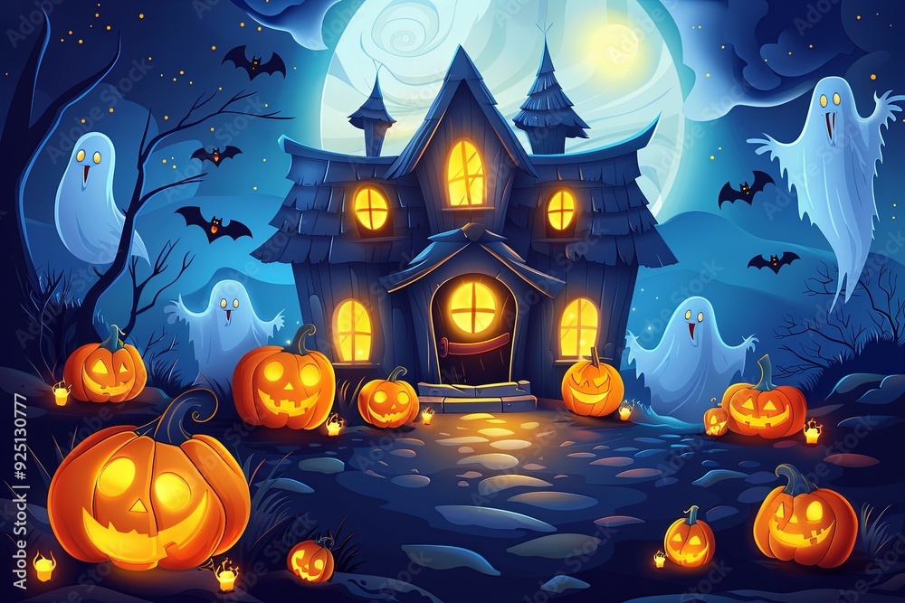 Cute cartoon haunted house with smiling ghosts and glowing pumpkins Cute cartoon haunted house with smiling ghosts and glowing pumpkins