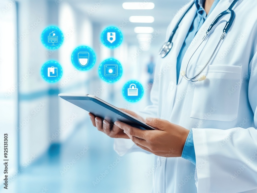 Doctor using tablet with health icons in a modern hospital corridor, symbolizing technology in healthcare and digital innovation. Doctor using tablet with health icons in a modern hospital corridor, symbolizing technology in healthcare and digital innovation.