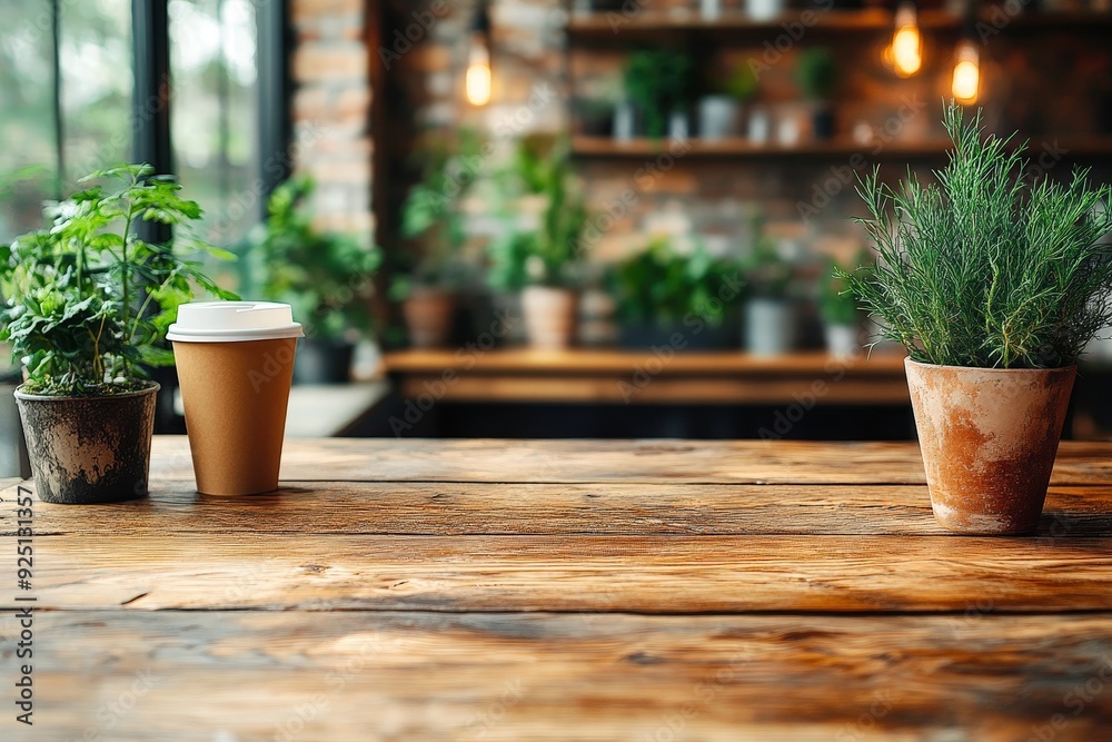 Rustic Cafe Tabletop: A rustic wooden table with a paper coffee cup and potted plants, with a blurred background of a cafe interior, perfect for showcasing your products or promoting a cozy atmosphere Rustic Cafe Tabletop: A rustic wooden table with a paper coffee cup and potted plants, with a blurred background of a cafe interior, perfect for showcasing your products or promoting a cozy atmosphere