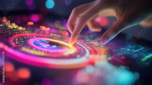 A vibrant and futuristic interface with a hand interacting with colorful visual elements on a digital screen.