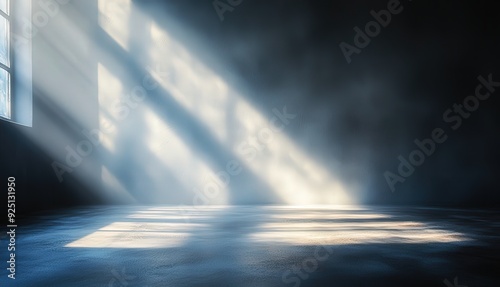 Sunbeams Through the Dust: Ethereal light streams through a high window into a darkened, dusty room, creating a dramatic and atmospheric scene. 