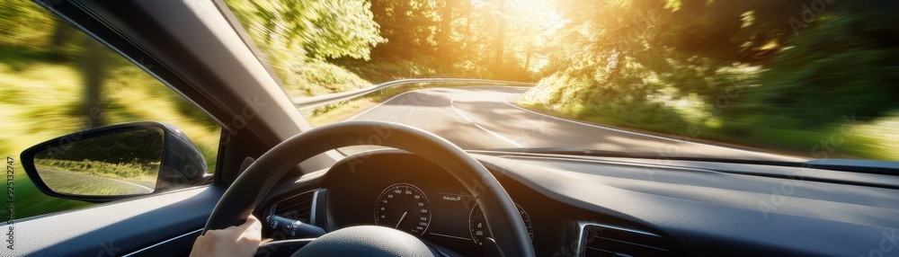 A scenic view from inside a car, showcasing a winding road surrounded by nature and a beautiful sunset. A scenic view from inside a car, showcasing a winding road surrounded by nature and a beautiful sunset.