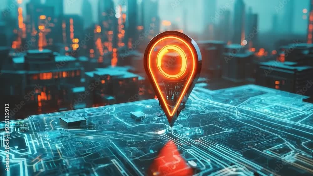 A luminous navigation pin is prominently displayed on a detailed digital map overlooking a vibrant, high-tech city at dusk.