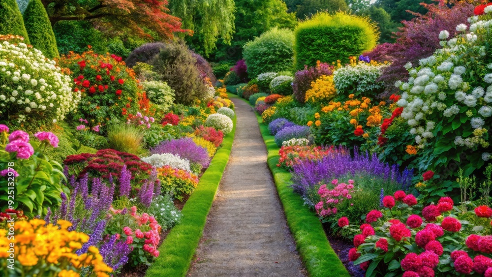 A scenic flower garden path leading through colorful blooms and lush greenery, nature, outdoors, garden, pathway, flowers A scenic flower garden path leading through colorful blooms and lush greenery, nature, outdoors, garden, pathway, flowers