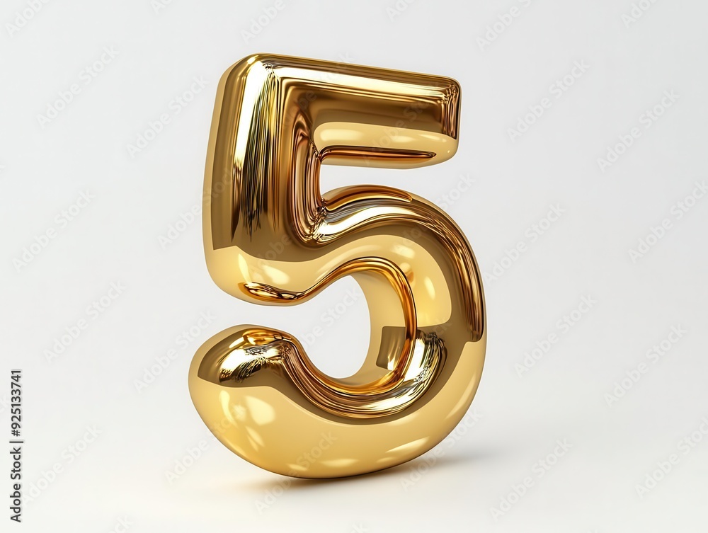 Shiny golden number five balloon on white background. Shiny golden number five balloon on white background.