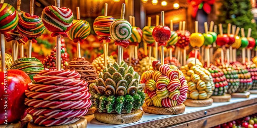 Vibrant display of colorful caramel apples and spiral-shaped treats on sticks entice shoppers at a festive German Christmas market, evoking warmth and holiday cheer. Vibrant display of colorful caramel apples and spiral-shaped treats on sticks entice shoppers at a festive German Christmas market, evoking warmth and holiday cheer.