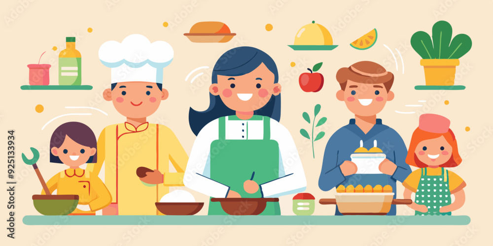Set of characters preparing meals. A pastry chef making a cake, a family making dumplings, a housewife making soup
Set of characters preparing meals. A pastry chef making a cake, a family making dumplings, a housewife making soup