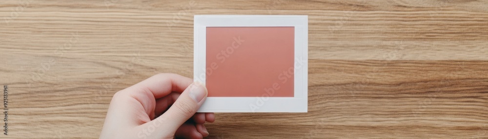 Obraz premium Hand holding a color swatch against a wooden surface, ideal for design and decor inspiration.
