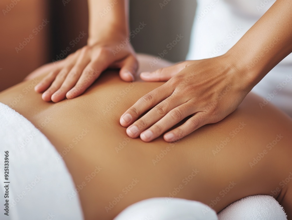 A serene massage session, showcasing hands applying gentle pressure for relaxation and wellness on a client's back. A serene massage session, showcasing hands applying gentle pressure for relaxation and wellness on a client's back.