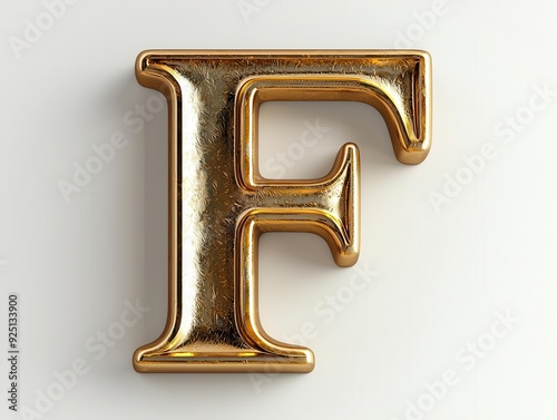 Golden letter F in 3D, isolated on white background.