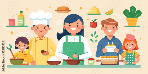 Set of characters preparing meals. A pastry chef making a cake, a family making dumplings, a housewife making soup
