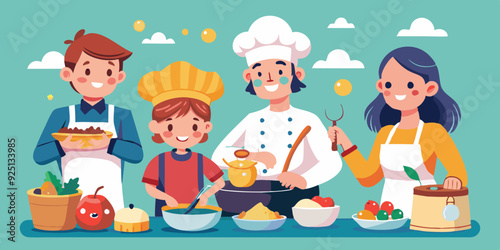 Set of characters preparing meals. A pastry chef making a cake, a family making dumplings, a housewife making soup
