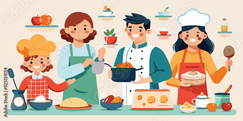 Set of characters preparing meals. A pastry chef making a cake, a family making dumplings, a housewife making soup
