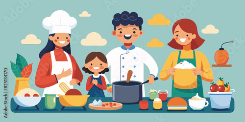 Set of characters preparing meals. A pastry chef making a cake, a family making dumplings, a housewife making soup
