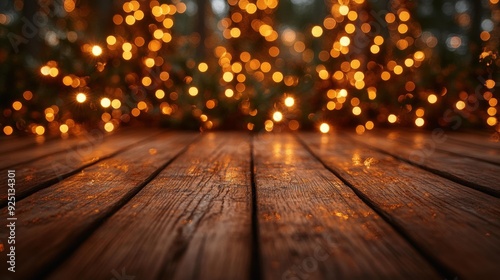 Wooden deck with warm bokeh lights - generative ai