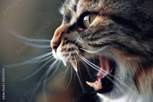 Close up of a maine coon cat showing its teeth and claws photo