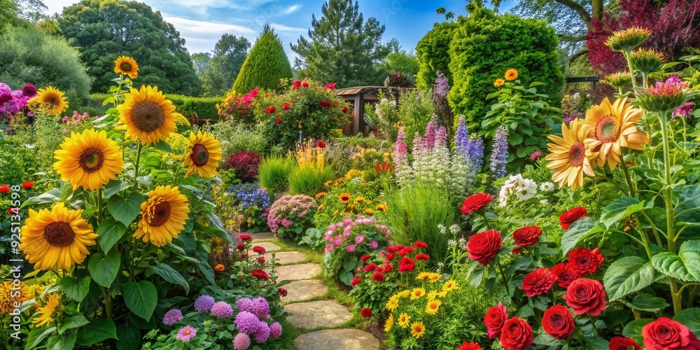 Vibrant flowers, lush greenery, and varied foliage thrive in a colorful garden, featuring blooming roses, sunflowers, daisies, and eclectic mix of plants in natural surroundings. Vibrant flowers, lush greenery, and varied foliage thrive in a colorful garden, featuring blooming roses, sunflowers, daisies, and eclectic mix of plants in natural surroundings.