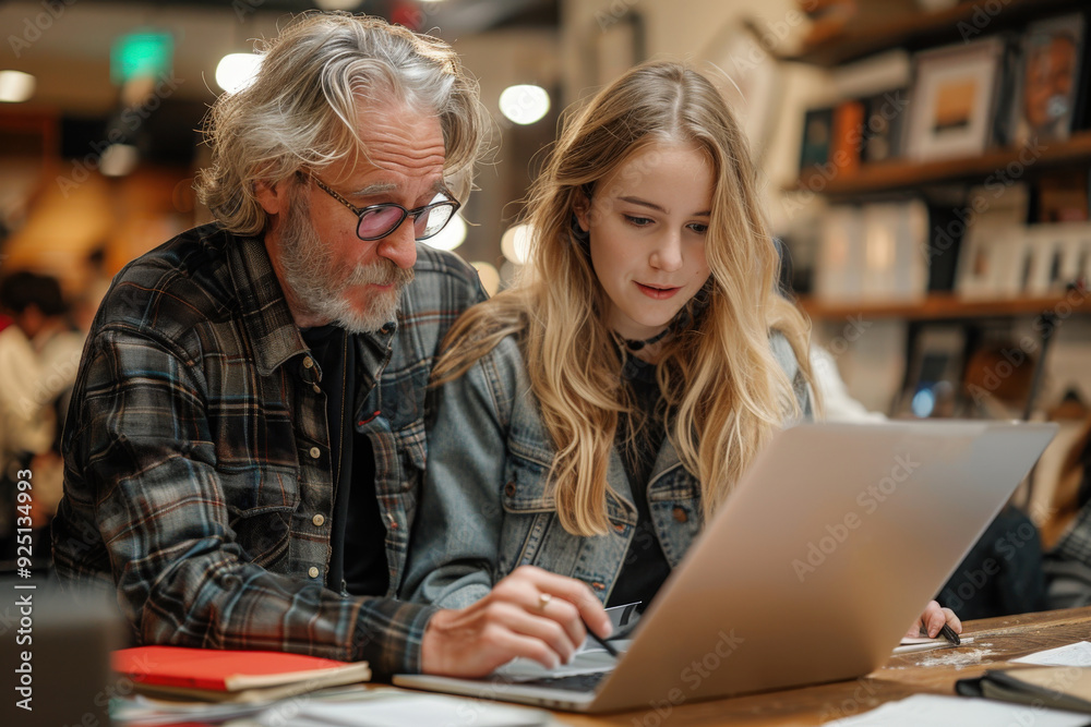 A senior man with glasses is working with a young woman on a laptop, suggesting a mentoring relationship or collaborative work in a cozy, informal setting. A senior man with glasses is working with a young woman on a laptop, suggesting a mentoring relationship or collaborative work in a cozy, informal setting.