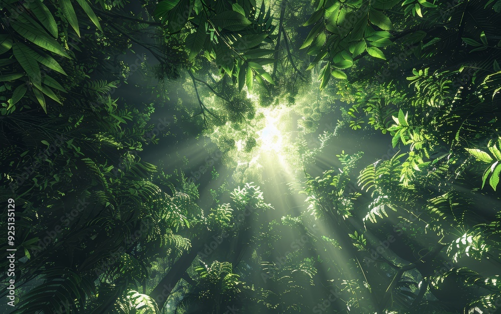 Sunlight shining into a lush, green jungle landscape in the morning. Rainforest with tall trees and big, tropical leaves. Nature concept. Sunlight shining into a lush, green jungle landscape in the morning. Rainforest with tall trees and big, tropical leaves. Nature concept.