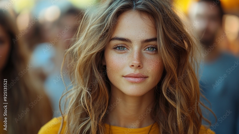 Fototapeta premium A young woman beams with joy, her bright eyes shining amidst a colorful crowd during a festive gathering as the sun sets