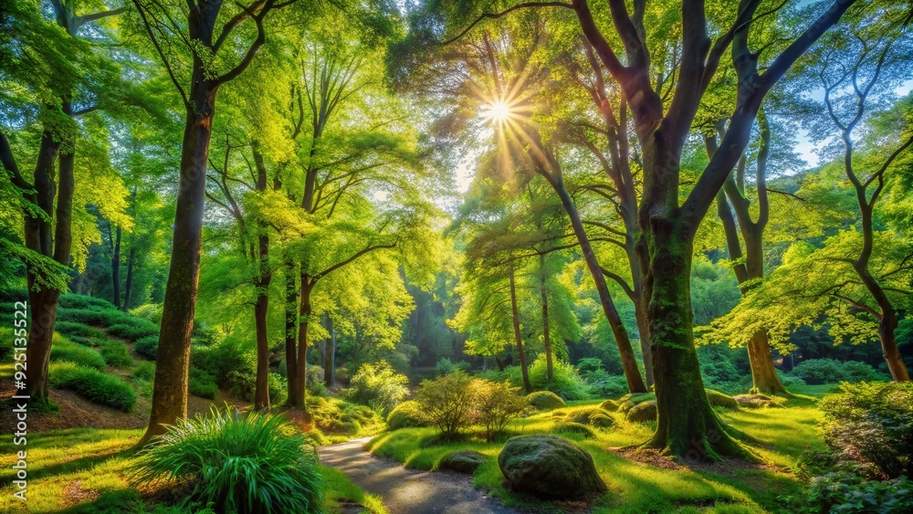 Vibrant green forest with diverse species of trees, dense foliage, and sun-dappled grounds, nestled beside a serene woodland area, evoking feelings of tranquility. Vibrant green forest with diverse species of trees, dense foliage, and sun-dappled grounds, nestled beside a serene woodland area, evoking feelings of tranquility.