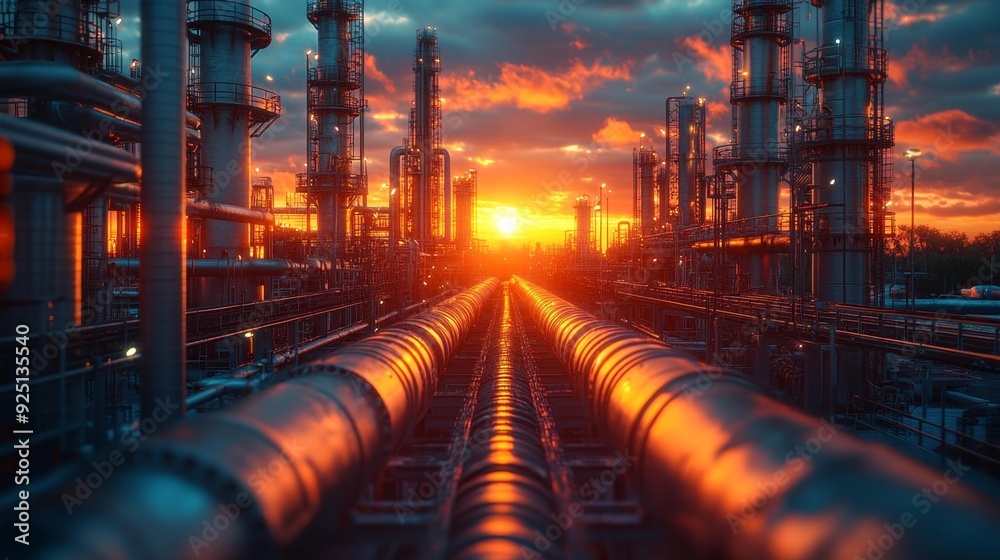 Industrial oil refinery at sunset - generative ai