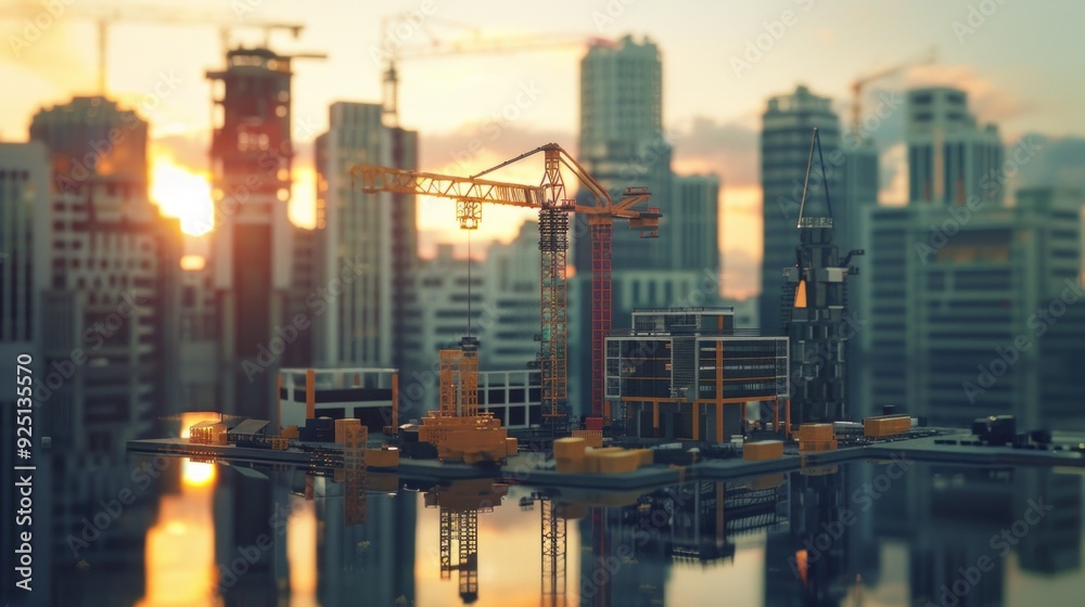A warm cityscape at sunset/sunrise with construction vehicles, cranes, river, boats, and ongoing development activities, exuding tranquility and vitality. A warm cityscape at sunset/sunrise with construction vehicles, cranes, river, boats, and ongoing development activities, exuding tranquility and vitality.