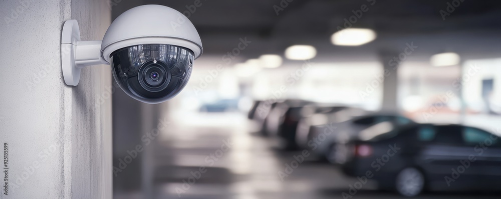 A security camera mounted in a modern parking garage, ensuring safety and monitoring vehicle activity. A security camera mounted in a modern parking garage, ensuring safety and monitoring vehicle activity.