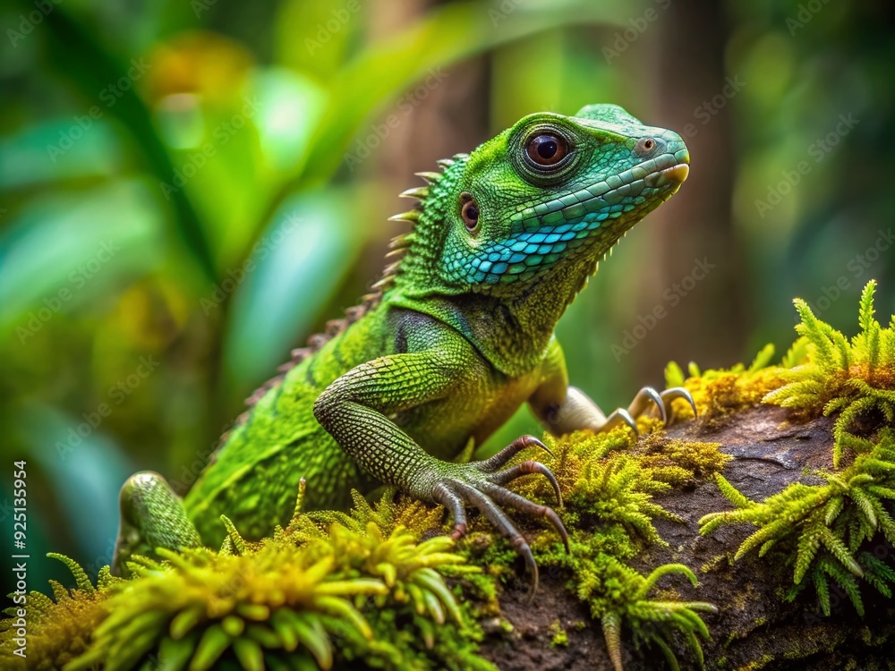 Vibrant green small water dragon lizard perches on a moss-covered branch, blending in with the lush foliage of a dense rainforest environment. Vibrant green small water dragon lizard perches on a moss-covered branch, blending in with the lush foliage of a dense rainforest environment.