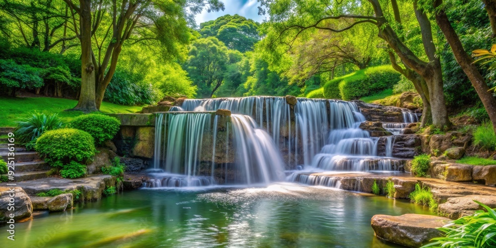 Peaceful waterfall flowing in the park surrounded by lush greenery , nature, water, park, peaceful, tranquil, serene, calming Peaceful waterfall flowing in the park surrounded by lush greenery , nature, water, park, peaceful, tranquil, serene, calming