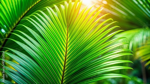 Vibrant green tropical palm leaf with intricate texture and striped foliage, beautifully lit with soft shadows, set against a blurred floral background with natural branches.