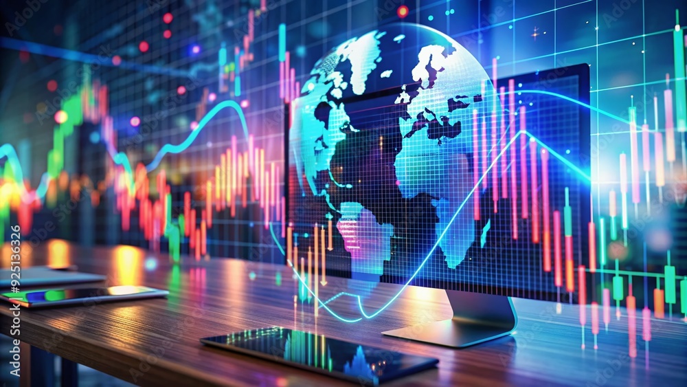 Vibrant holographic Forex graph appears on a sleek table, contrasting with a blurred computer screen background, symbolizing the dynamic and complex world of financial markets. Vibrant holographic Forex graph appears on a sleek table, contrasting with a blurred computer screen background, symbolizing the dynamic and complex world of financial markets.