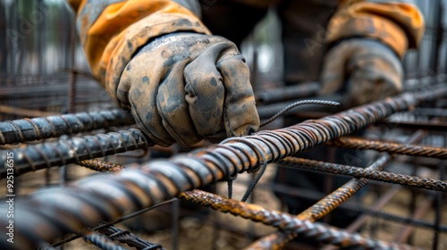 A construction worker in orange suit and gloves grips rusty steel bars at a construction site, emphasizing labor-intensive precision in building development.