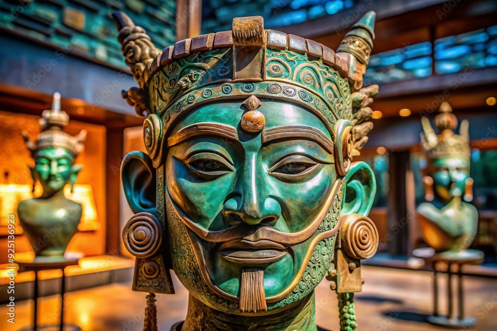 Obraz premium Vibrant mask and intricate sculpture on display at Sanxingdui archaeological site, showcasing ancient Bronze Age culture in modern Guanghan, Sichuan, against a blurred background.