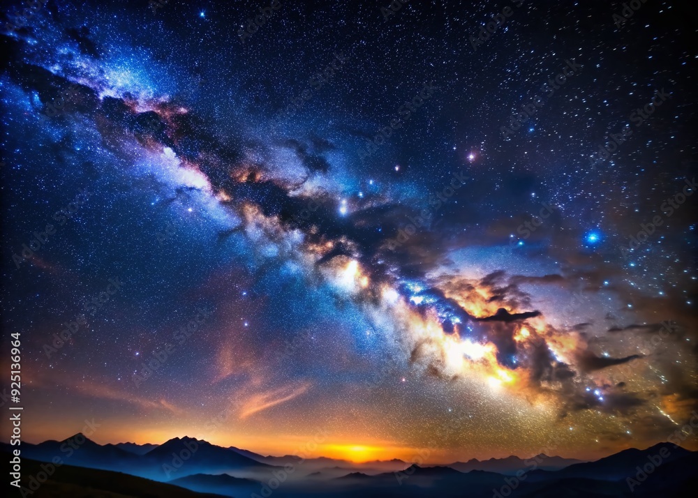 Fototapeta premium Vibrant Milky Way galaxy sprawls across a dark blue sky, illuminated by shimmering stars, glowing nebulae, and colorful cosmic dust, evoking a sense of infinite wonder.