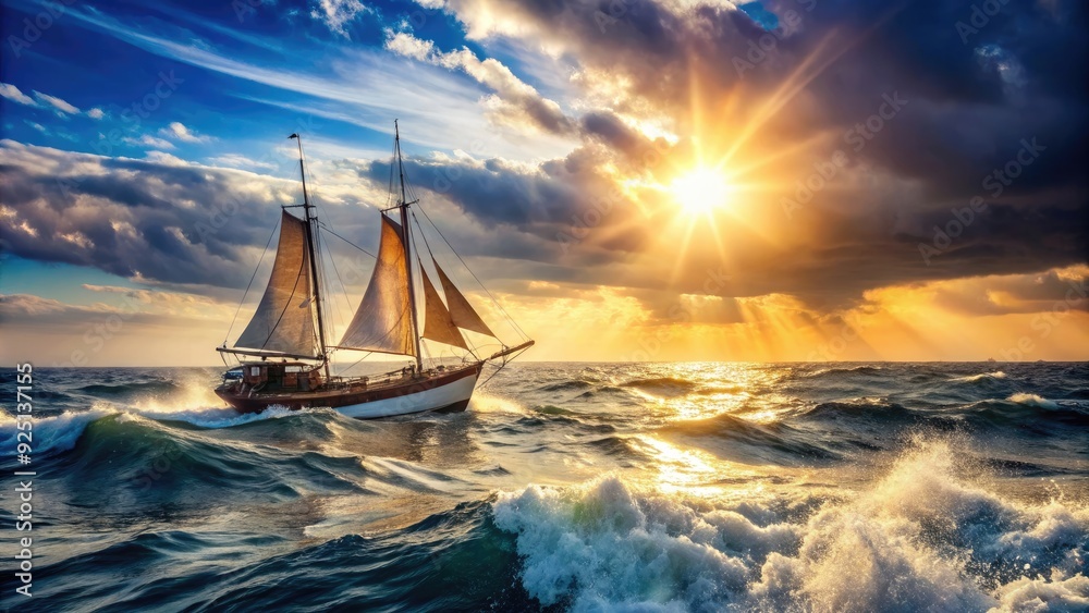 Fototapeta premium Sailing boat navigating through rough seas under the bright sunshine, sailing, boat, open sea, rough waters, sunshine, adventure